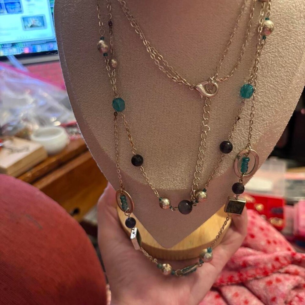 Multi-colored layered necklace with turquoise and black beads #layered #beaded
